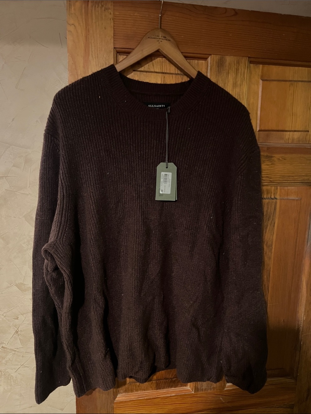 All Saints Men's Brown Ribbed Crewneck Sweater